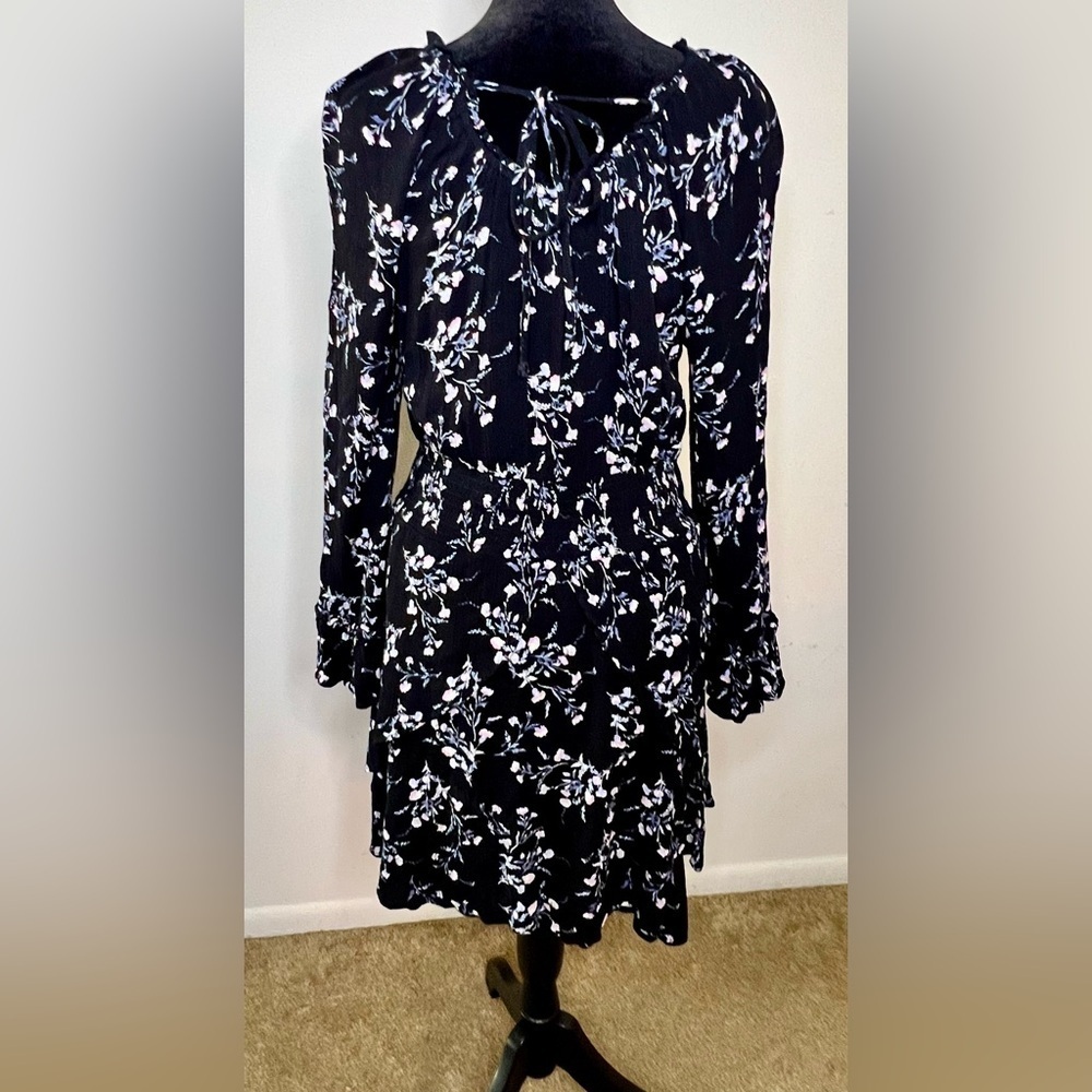 American Rag black floral long sleeve peasant dress. Lined, lightweight. Small - Picture 6 of 11